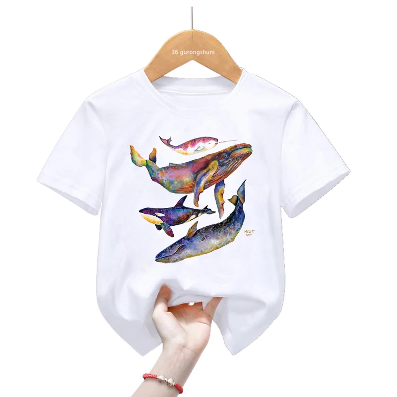 Camiseta con estampado de delfín de acuarela para niñas y niños, ropa divertida para niños, camiseta blanca/Rosa/azul/gris, Tops de moda de verano - imagen 2