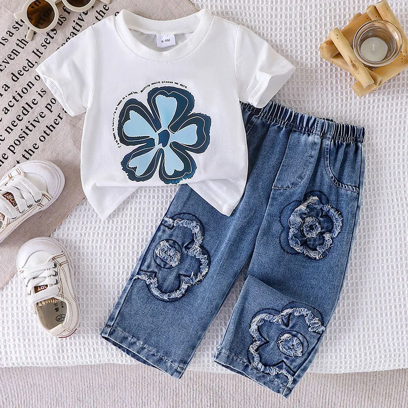Conjuntos de 2 piezas de ropa de verano para niño niña, moda coreana, Tops de algodón de manga corta con flores para bebé + pantalones vaqueros, ropa de Boutique para niños B133