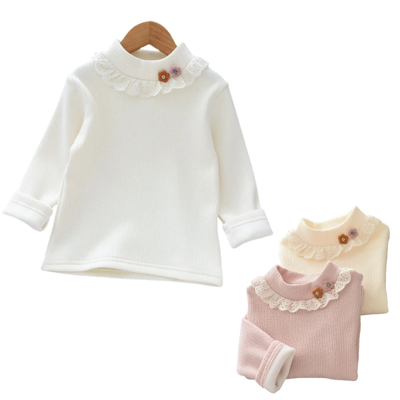 Camisa básica con cuello de encaje para niña, blusa de fondo cálida con forro polar acolchado de flores para niña de 80-140cm, otoño 2025