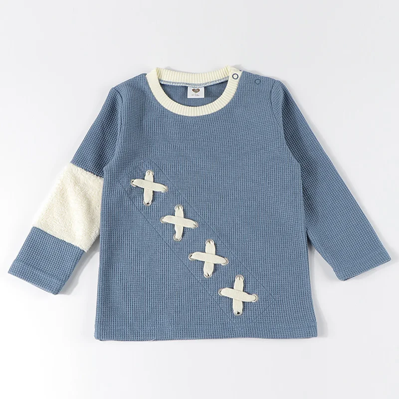 Camiseta de punto para niños, camisa de manga larga con parche de piel en contraste, con cordón, cuello redondo, Invierno - imagen 2