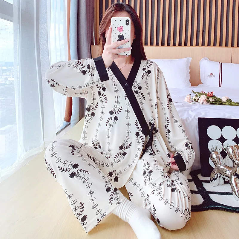 Ropa de dormir para mujer embarazada, conjuntos de pijamas de lactancia, ropa de maternidad a la moda, Tops de lactancia de algodón con encaje + conjunto de pantalones - imagen 4