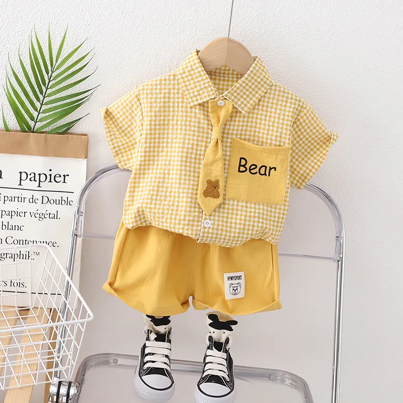 Conjunto de ropa de verano para bebé, traje de camisa a cuadros, pantalones cortos, chándal informal para niño pequeño, 2 uds. - imagen 3
