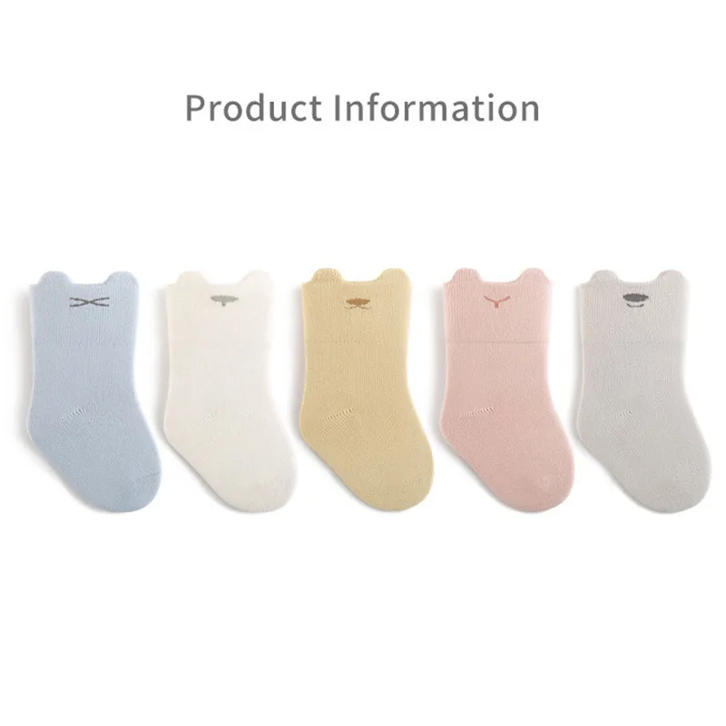 5 pares por lote de calcetines de otoño para bebé 0-3T calcetines finos de Color sólido con dibujos animados para niños pequeños versión coreana calcetines infantiles en tubo - imagen 3