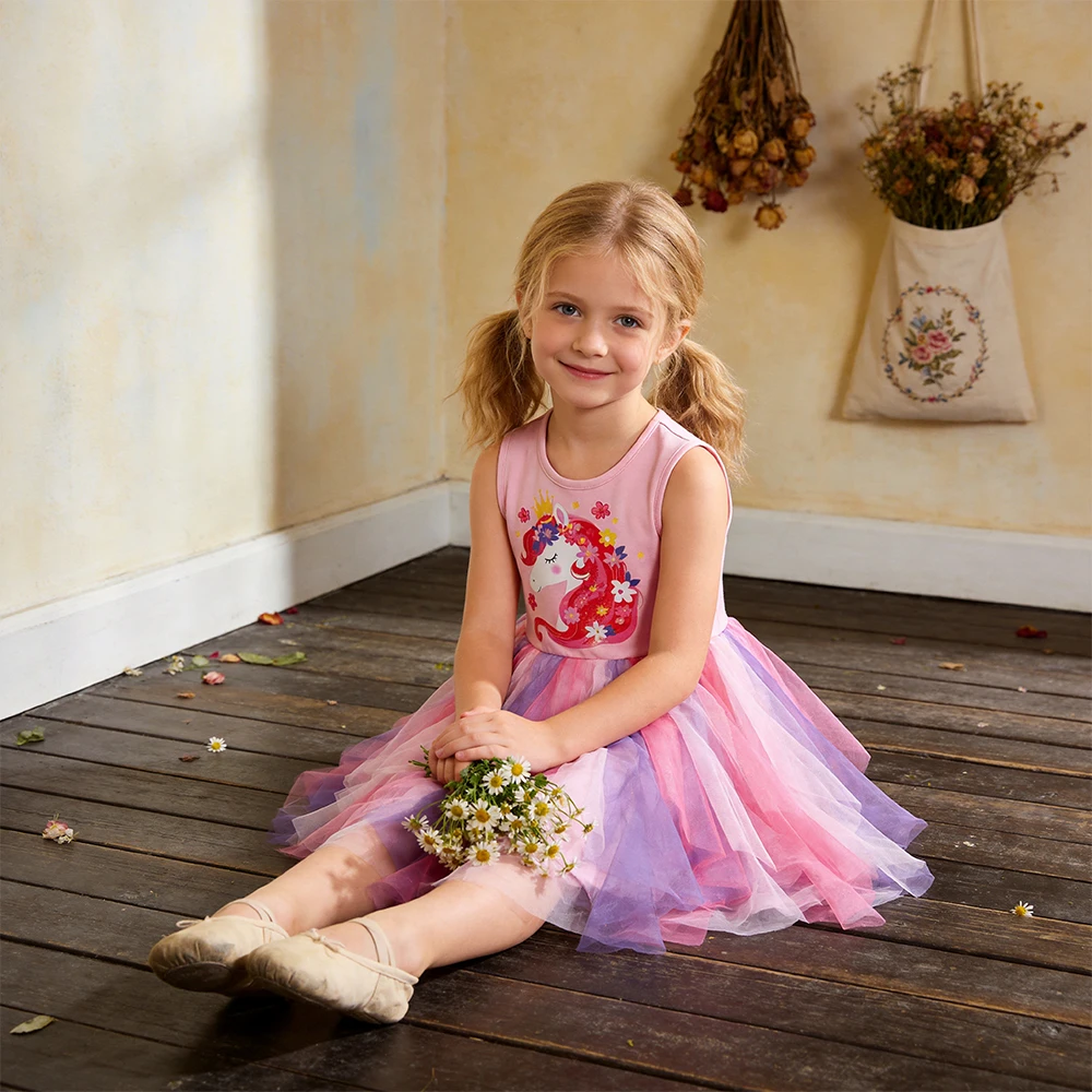 DXTON Vestido de algodón y tul para niña – Unicornio sin mangas