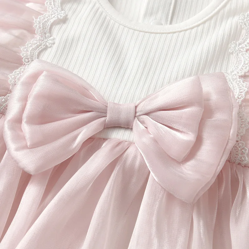 Conjuntos de monos de verano para niña de 0 a 6 meses, monos sin mangas de princesa de malla con bonito lazo rosa coreano, artículos para recién nacidos B192 - imagen 3