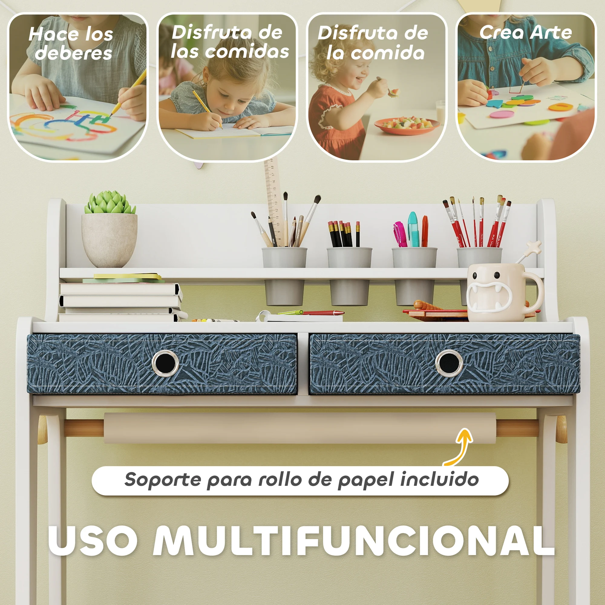 AIYAPLAY Escritorio Infantil con Silla, Pupitre Infantil con 2 Cajones Extraíbles, Estante y Portavasos, para Estudiar, Leer y Dibujar, Mesa para Niños para Dormitorio, Sala Estudio, Blanco - imagen 4