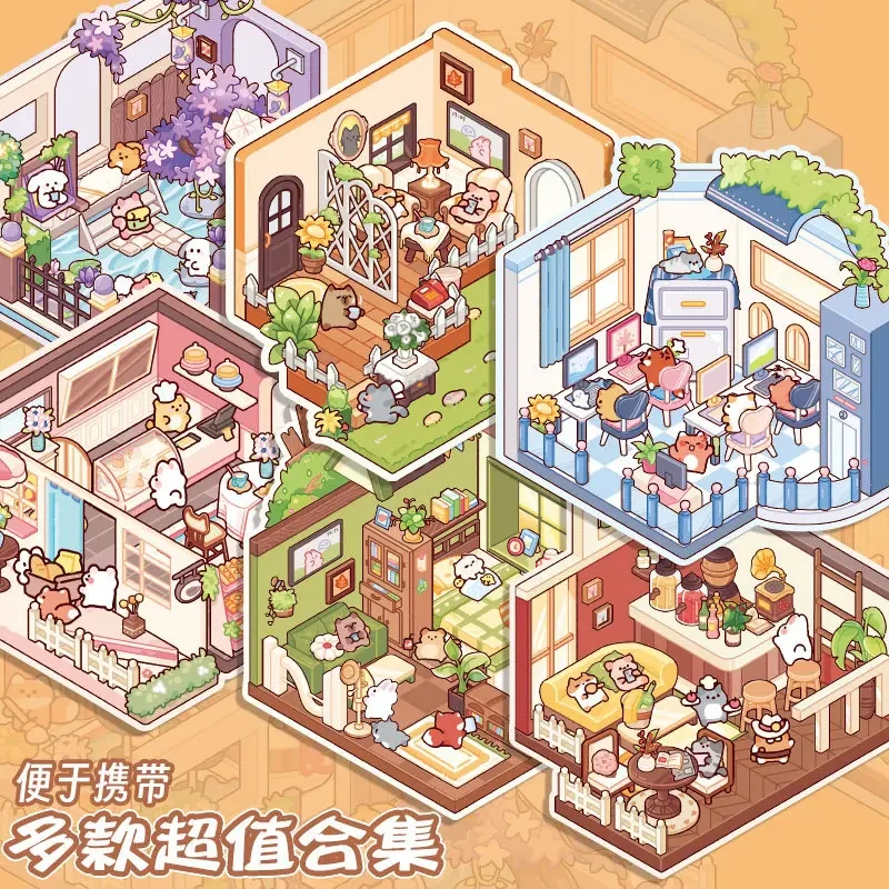 24 hojas de escenas de dibujos animados, libro de pegatinas de paisaje, área de comedor de oficina, pegatina 3D DIY, escena de cabina, bolsillo, regalo de cumpleaños - imagen 4