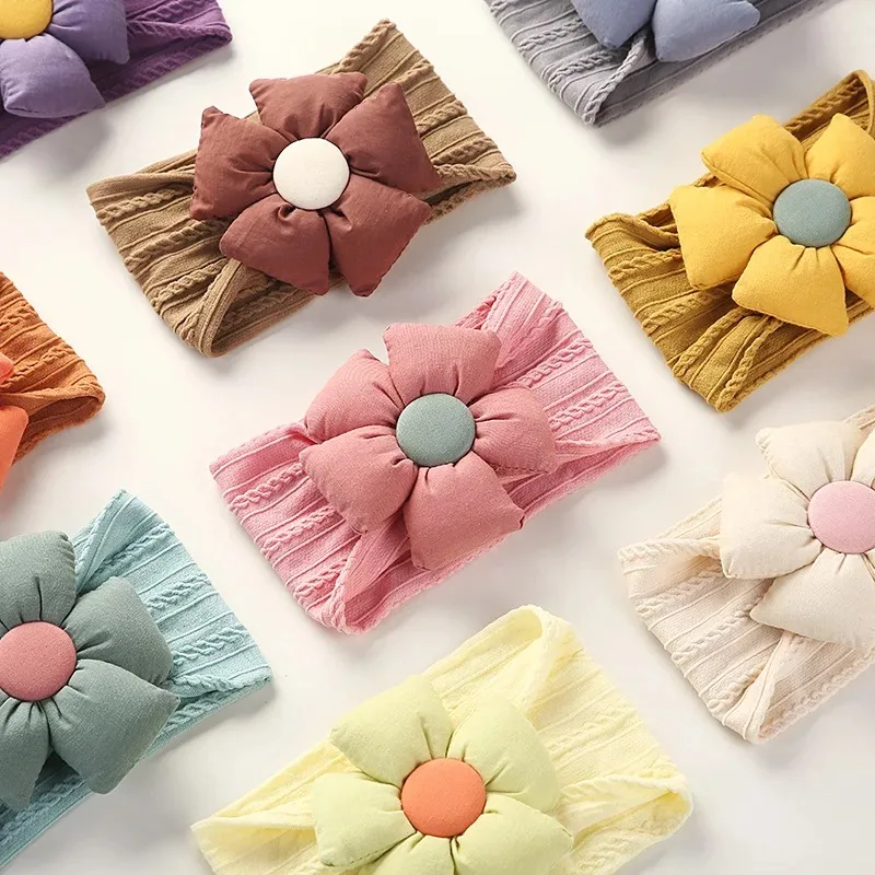 Diadema de flores esponjosas para bebé recién nacido, diademas elásticas de nailon suave para niña, turbante infantil, accesorios para el cabello para niños