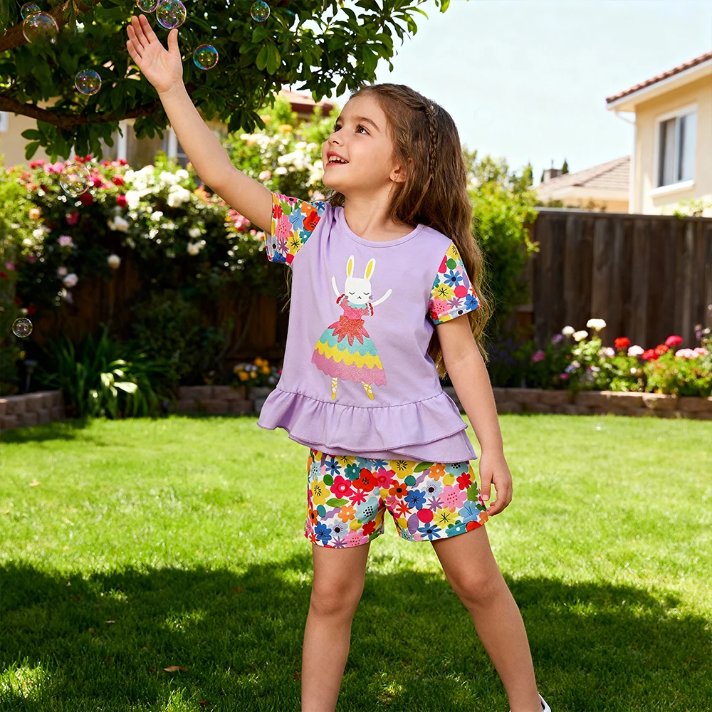 DXTON conjunto verano niño: top y shorts estampado conejos y flores - imagen 4