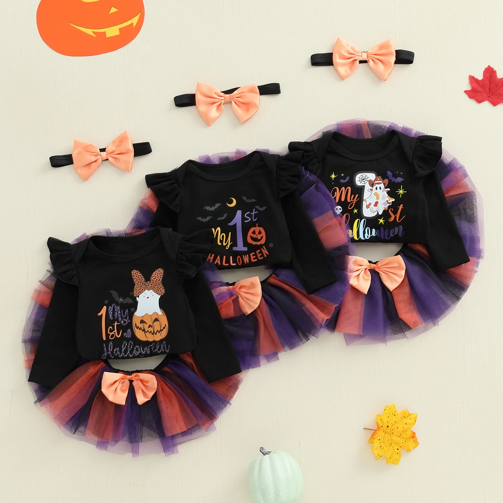 Conjunto de disfraz de Halloween para niña de 0 a 18 meses, pelele de manga larga + falda de tul a rayas + diadema, ropa para recién nacido