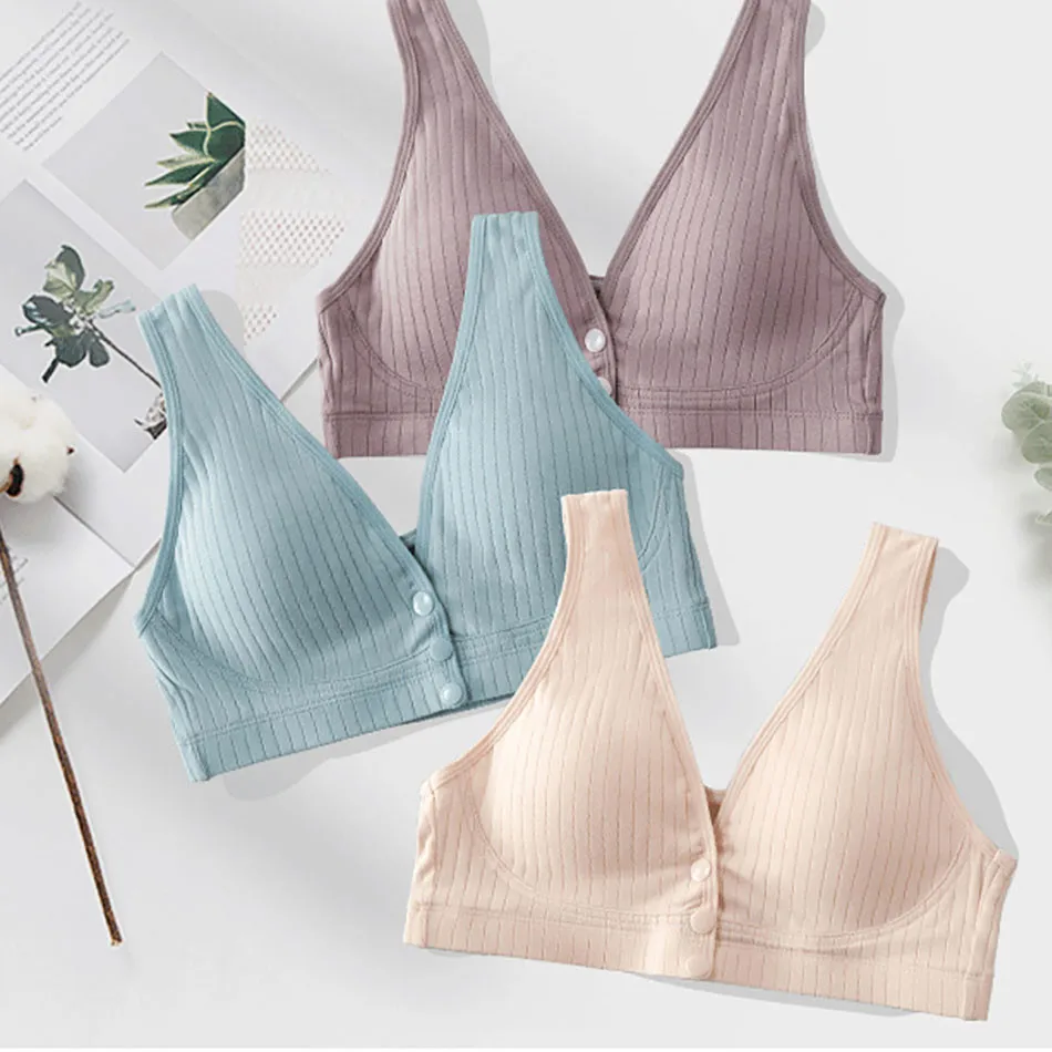 Sujetador de lactancia de algodón para mujeres embarazadas, Bralette transpirable acolchado acanalado sin aros, ropa de maternidad para lactancia con apertura frontal - imagen 2