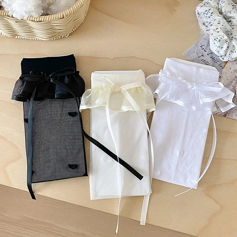 Calcetines hasta la rodilla finos y transpirables de verano para niños y niñas, calcetín coreano a la moda con puntos y corazón hasta la rodilla, calcetín escolar de algodón y nailon suave - imagen 4