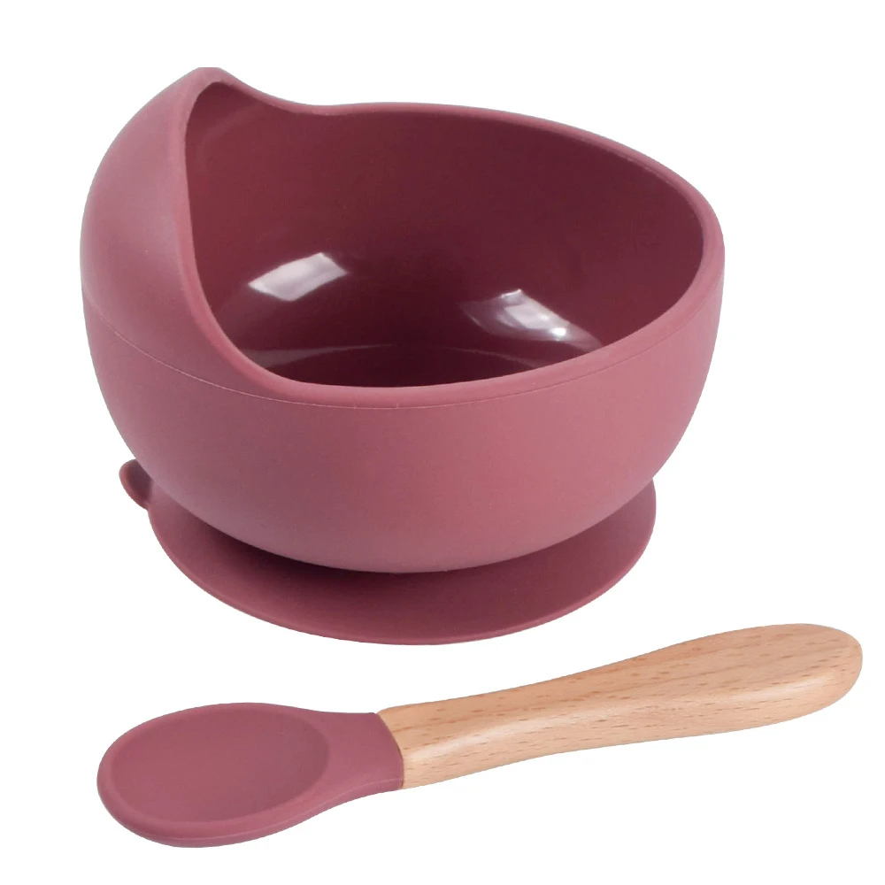 Cuenco de silicona de grado alimenticio para bebés, juego de cuchara con mango de madera, platos antideslizantes sin BPA, 2 piezas