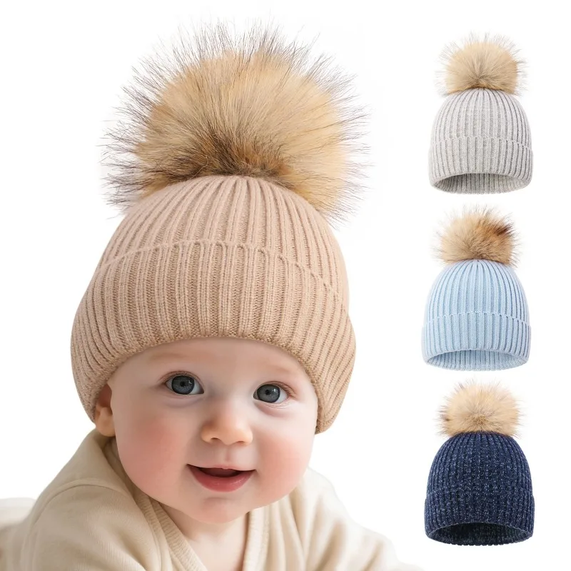 Gorro de punto estético sencillo INS para niños con pompón de piel sintética, hilo suave, Color sólido, raya fina, gorro de ganchillo para niños de 3 a 8 años - imagen 2