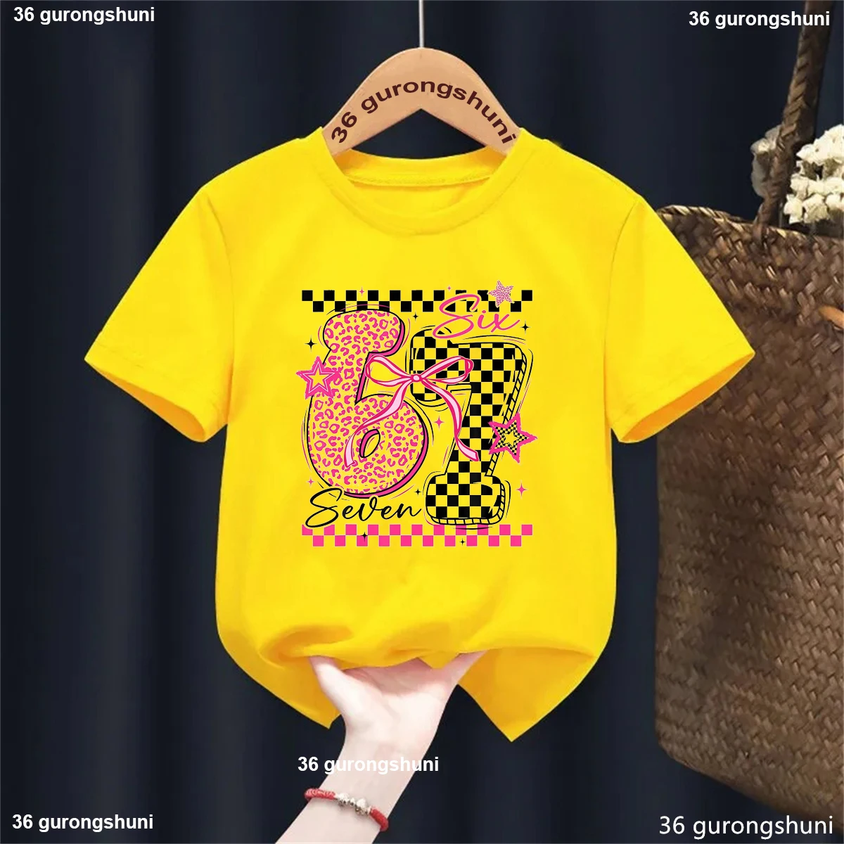 Camiseta con estampado de lazo y estrella de leopardo 67 Meme, ropa Kawaii para niñas, camiseta de manga corta de verano, camiseta informal lisa, ropa de calle - imagen 5