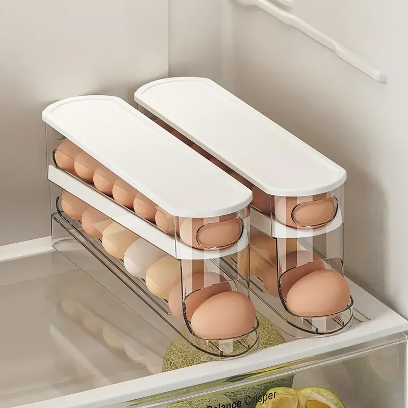 Dispensador automático de huevos enrollable de 2 niveles: organizador de almacenamiento de huevos estilo escalera para refrigerador