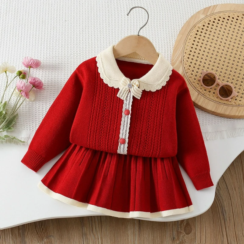 Nuevo conjunto de vestido de otoño e invierno para niñas, versión coreana elegante, cárdigan de punto con cuello de encaje, conjunto de dos piezas para niños - imagen 2