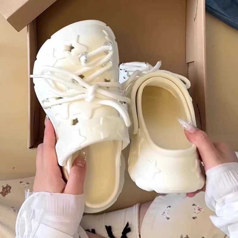 Sandalias de plataforma para mujer, zuecos con cordones DIY para ocio, suela gruesa, calzado para jardín de verano, zapatillas de calle diarias estilo estrella bonitas para mujer - imagen 2