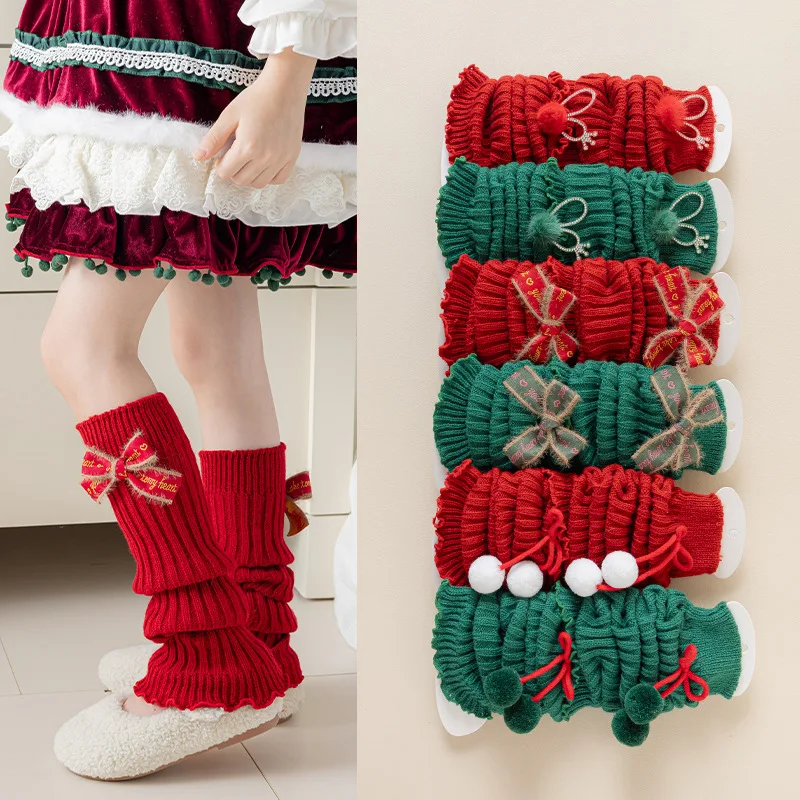 Calentadores de piernas navideños rojos y verdes para niñas, calcetines holgados de punto festivos con patrón de lazo, medias térmicas a media pantorrilla para niños