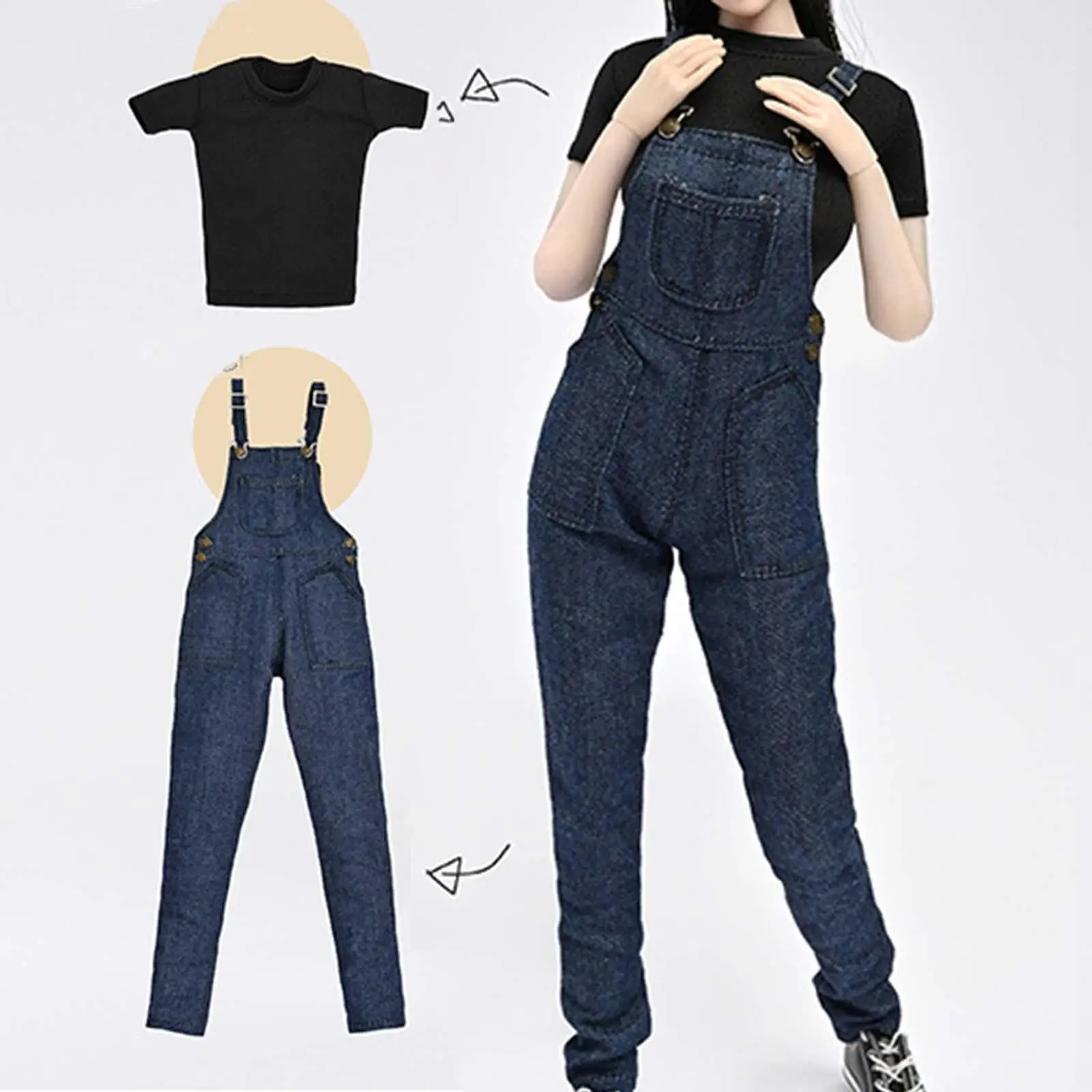 2x 1/6 Female T Shirt and Suspender Jeans Miniature Clothing Handmade Doll Clothes for 12
