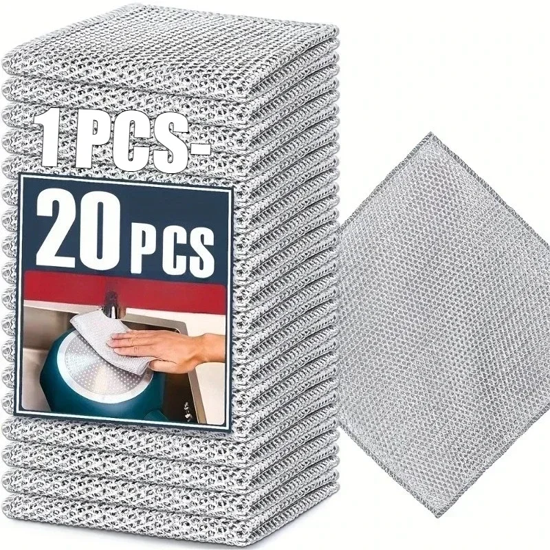 Alambre de plata para lavar platos, alambre de acero 20/1x paños de limpieza, toallas de Metal de doble capa, olla de cocina, sartén, plato, trapos de aceite antiadherentes