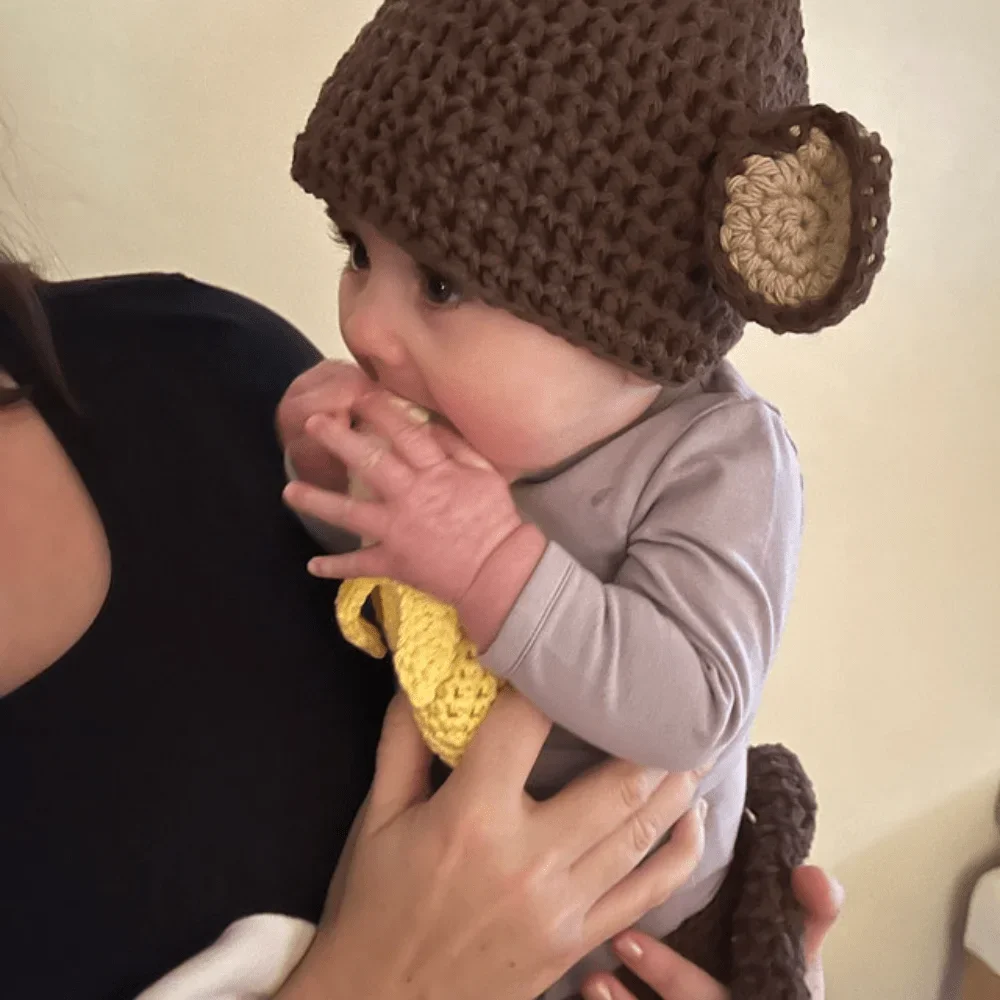 Gorro de mono para bebé con plátano, traje de fotografía para recién nacido, conjunto de cubierta de pañal, disfraz para niño y niña, pantalones de punto de ganchillo, sombrero, traje mameluco - imagen 4