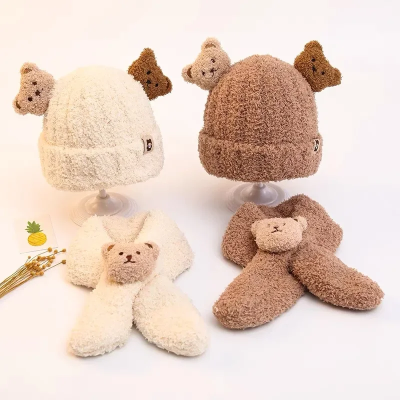 Conjunto de gorro y bufanda cálidos para bebé, gorro de invierno grueso con bonito oso para niños y niñas, accesorios de fotografía recién nacido de lana a prueba de viento - imagen 4