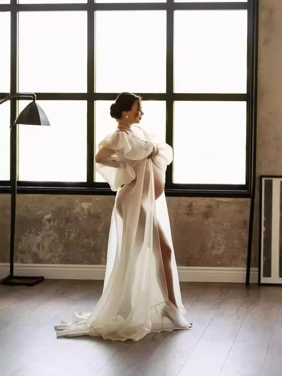 Vestido de gasa para fotos premamá con cuello volantes y manga farol - imagen 4