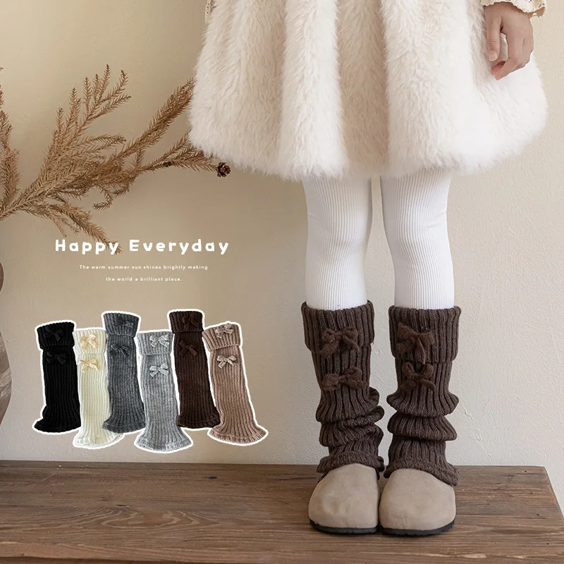 Calcetines hasta la rodilla para niñas, calentadores de piernas de punto cálidos para invierno, calcetines apilados con puños de lazo para niñas pequeñas, calcetines bonitos coreanos Kawaii marrones para botas - imagen 3