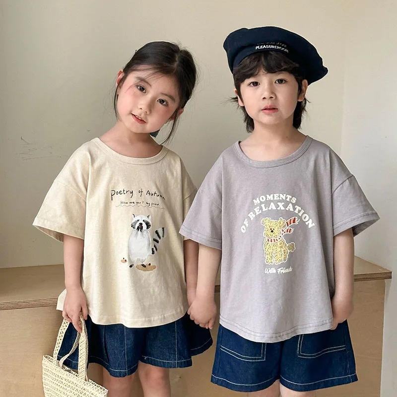 2025 nueva camiseta de verano para niños, 4 colores, camisa de manga corta con letras de animales de dibujos animados para niñas, camisetas holgadas de estilo fino para niños - imagen 3
