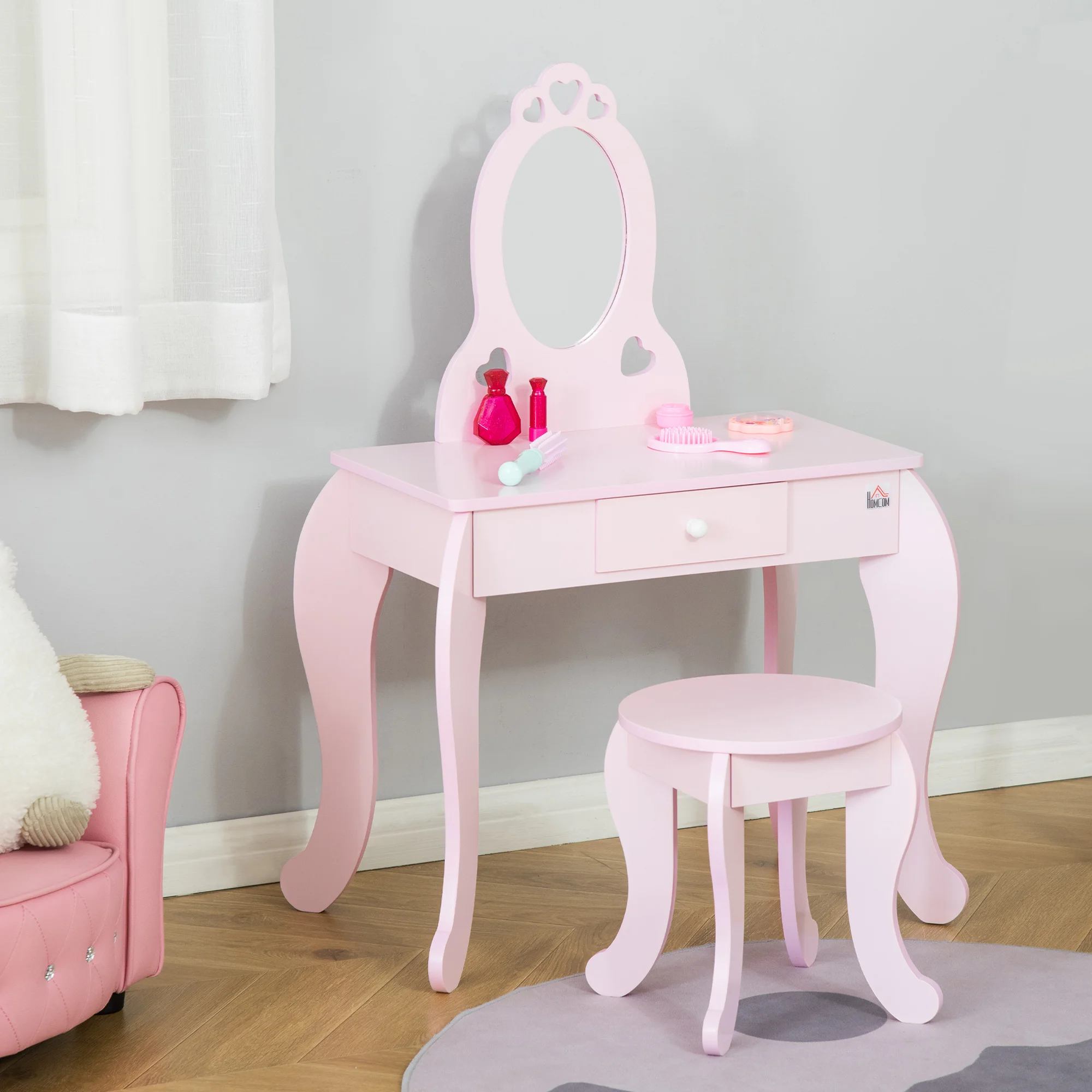 HOMCOM Tocador Infantil de Madera para Niñas de 3-6 Años con Taburete y Espejo Tipo Princesa Mesa de Maquillaje para Niñas con Cajón para Dormitorio 60x36x88 cm Rosa - imagen 2