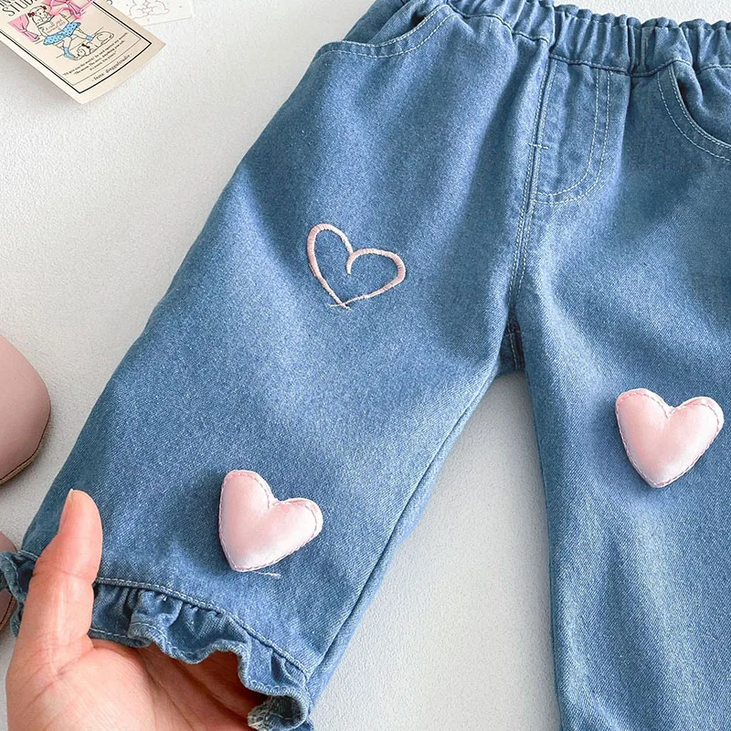 MILANCEL, nuevos pantalones vaqueros de primavera para niños de 0 a 5T, bonitos pantalones de amor tridimensionales para bebés, pantalones vaqueros azules de estilo fino para niñas - imagen 4