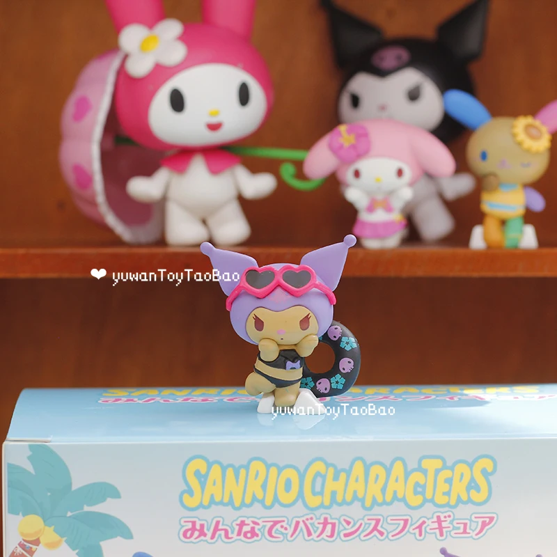 Sanrio personaje caja ciega juguetes verano vacaciones en la playa serie figura de Anime piel negra Hello Kitty Kuromi Melody Kdis regalos - imagen 4