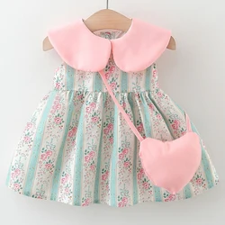 Conjuntos de 2 piezas de ropa de verano para niñas recién nacidas, vestidos coreanos de algodón sin mangas con cuello de muñeca y flores para bebés + bolso, vestido para niños pequeños BC307