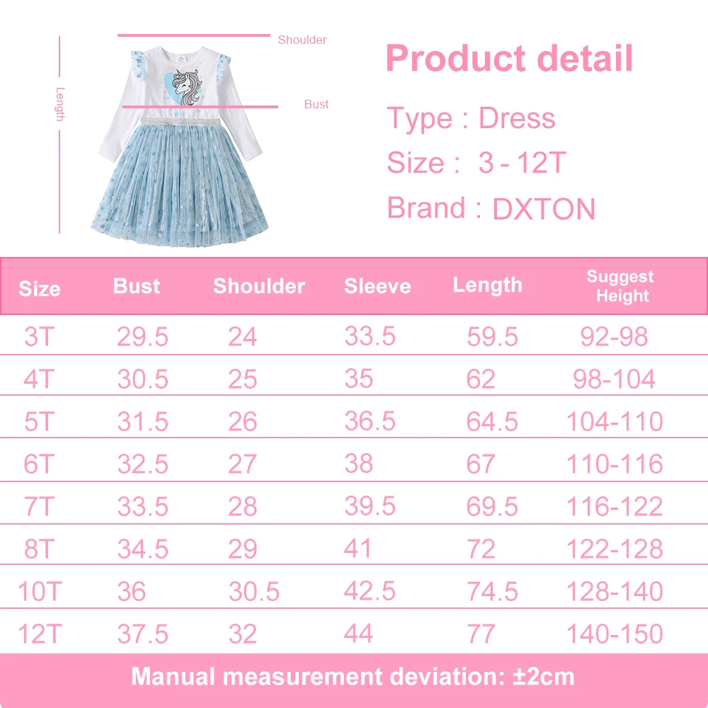 Vestido de princesa infantil con manga larga y estampado de unicornio