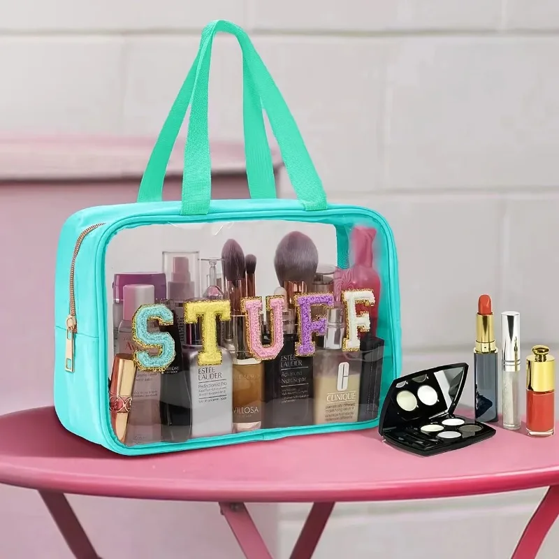 Organizador de artículos de tocador y cosméticos de viaje: bolsa transparente de gran capacidad con letras de chenilla - imagen 3