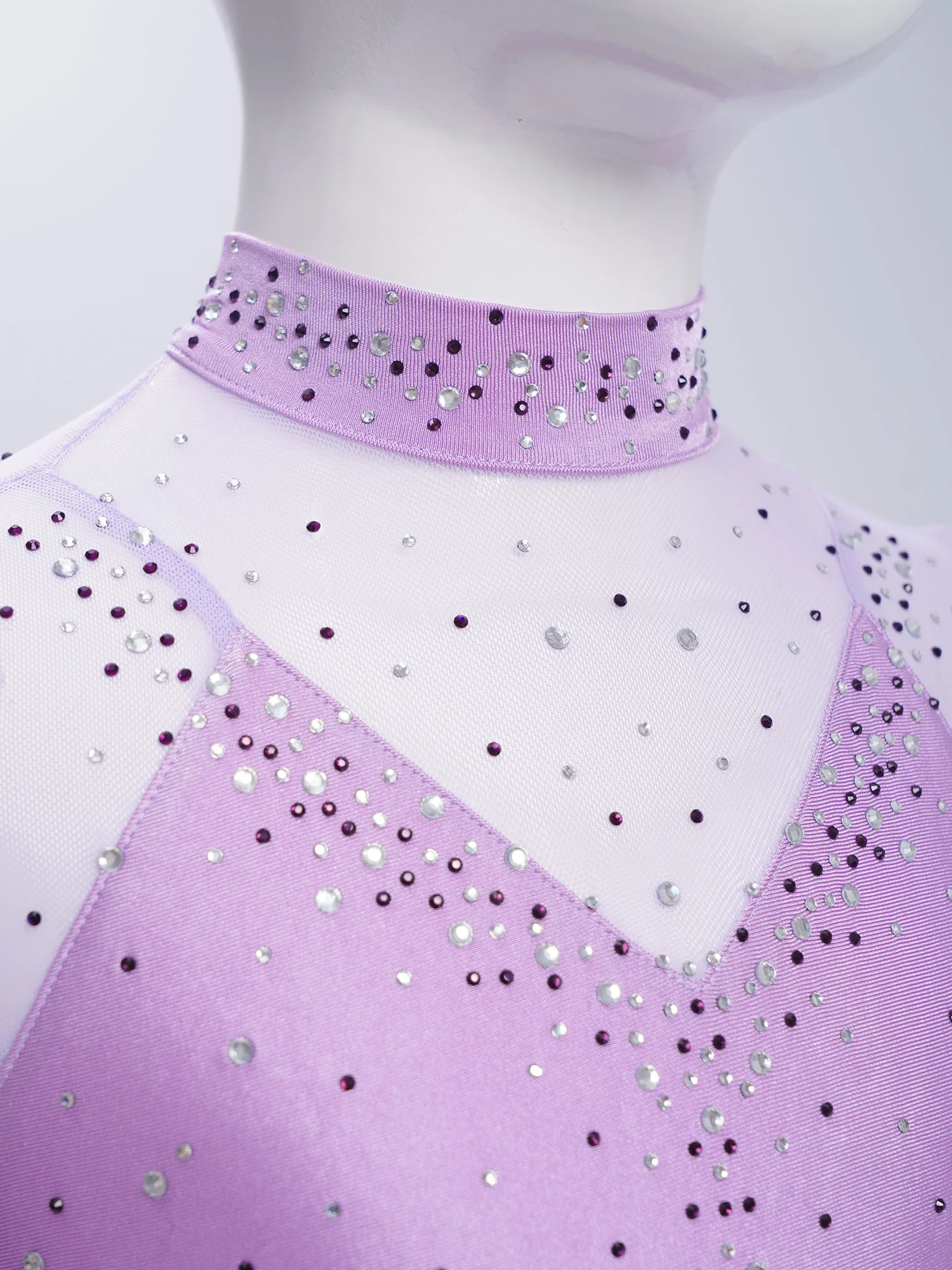 Vestido de baile de patinaje artístico para niñas, leotardo con falda para gimnasia y Ballet, vestido de malla transparente con diamantes de imitación y bloques de Color de manga larga - imagen 5