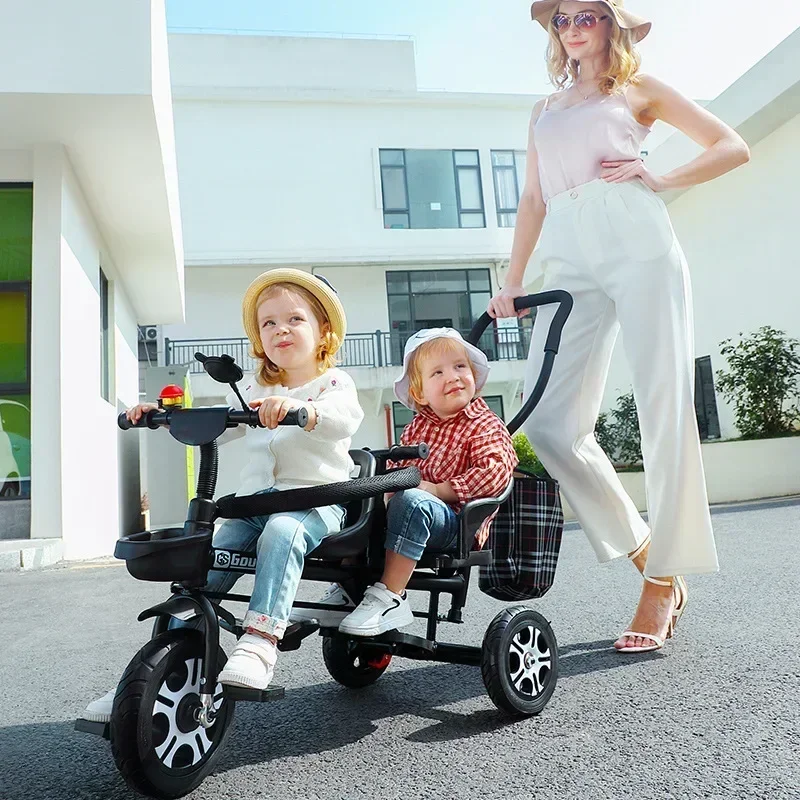 Triciclo para niños, carrito de mano doble, bicicleta para dos personas, cochecito ligero para bebé, cochecito de bebé