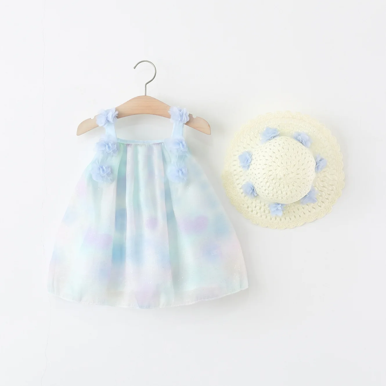 Vestido de bebé con flores – Malla azul de verano sin mangas - imagen 2
