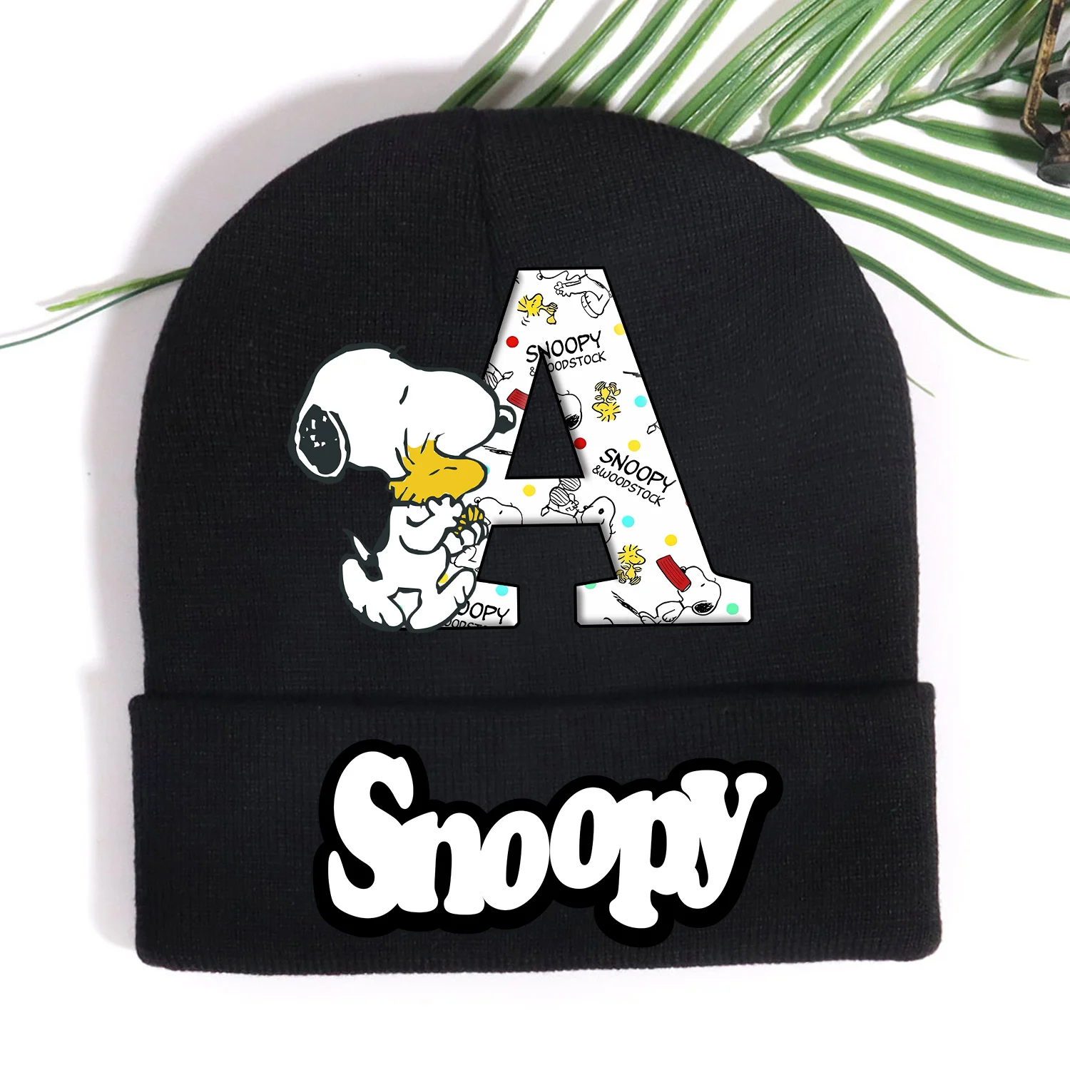 Gorro tejido de Snoopy para niños, A-Z con letras de dibujos animados, gorro tejido para niños y niñas, gorro de Anime negro, decoración, gorros, regalo para niños