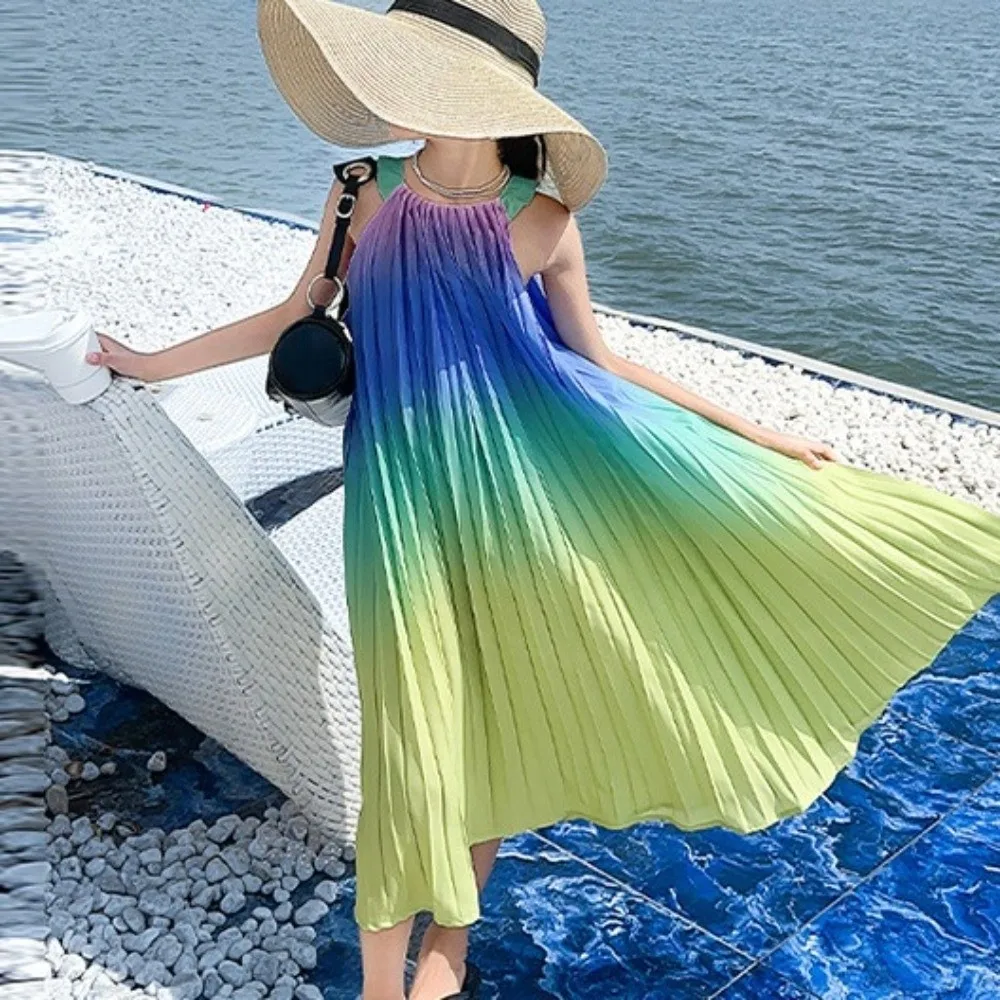 Falda sin mangas para vacaciones en la playa para niños, vestido plisado con tirantes y volantes de princesa para niños, vestido largo degradado con volantes para vacaciones - imagen 3