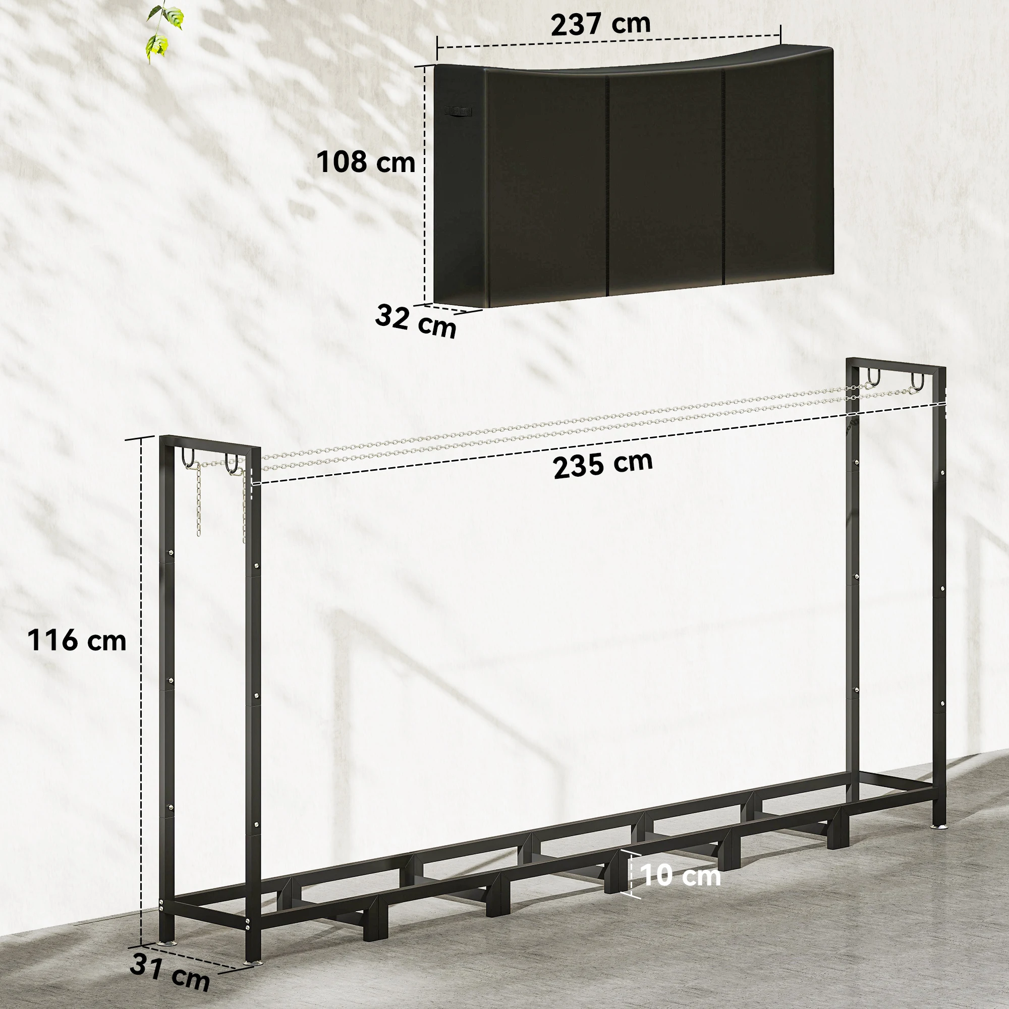 Outsunny Estante de Leña Metálico, 235x31x116 cm, Leñero Exterior con Cubierta Impermeable 600D Oxford, Marco de Acero y Cadenas de Acero, Soporte para Leña de Chimenea, Almacenaje para Madera, Negro - imagen 3