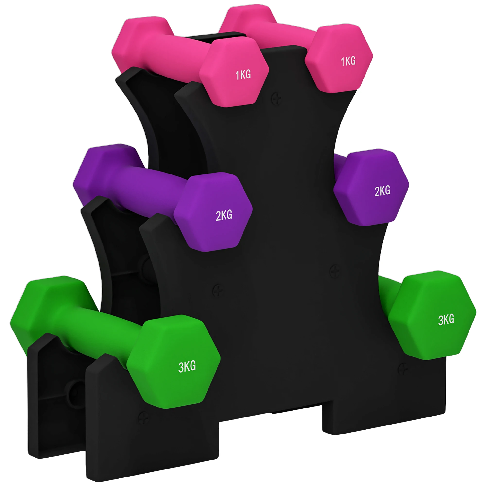 SPORTNOW Juego de Mancuernas 2 x1kg 2 x2kg 2 x3kg Set de Mancuernas Hexagonal con Soporte de Almacenamiento para Ejercicio Entrenamiento en Casa Gimnasio Multicolor