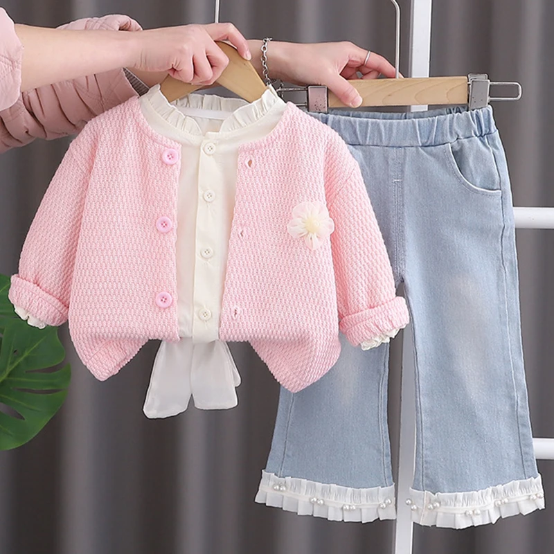 3 piezas 2025 primavera otoño ropa para niños niñas moda coreana Linda flor tejida rosa bebé Tops + camiseta + pantalones vaqueros conjuntos para niños BC2262 - imagen 2