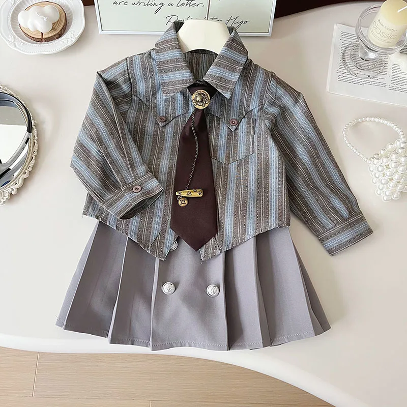 MILANCEL Conjunto de otoño infantil con camisa de rayas y falda corta - imagen 5
