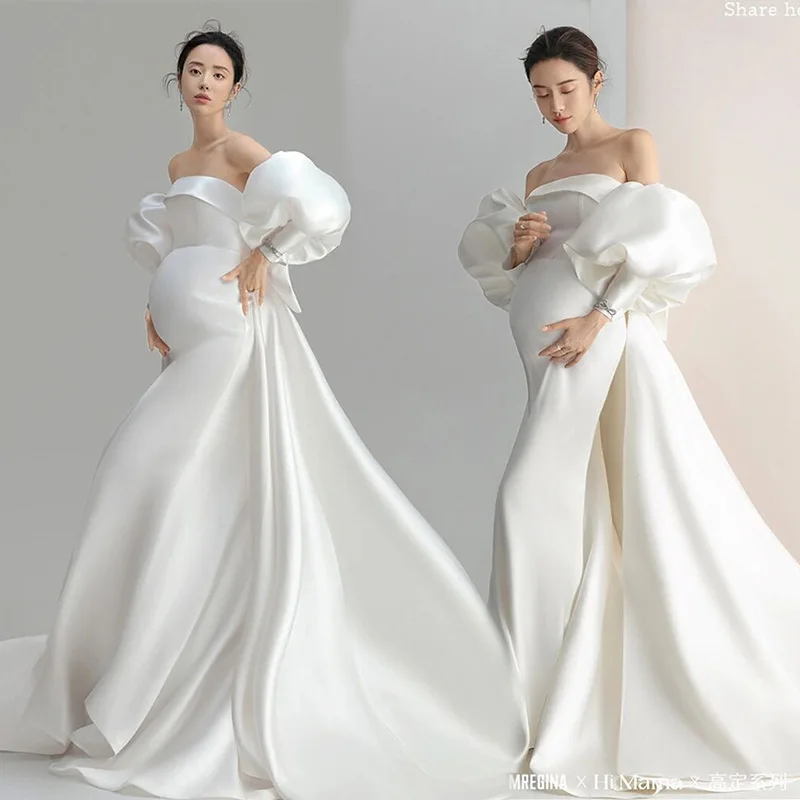 Vestido de maternidad blanco: mangas abullonadas, hombros descubiertos - imagen 2