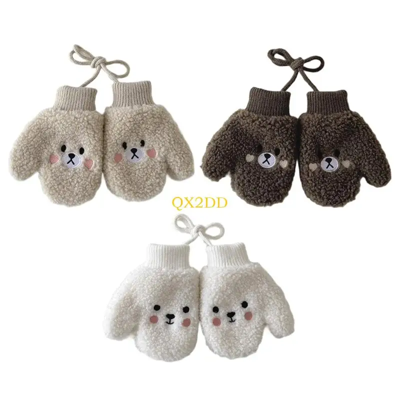 QX2D 1 par manoplas lana cordero para bebés con correa para cuello para niños 1 a 4 años, guantes cálidos con
