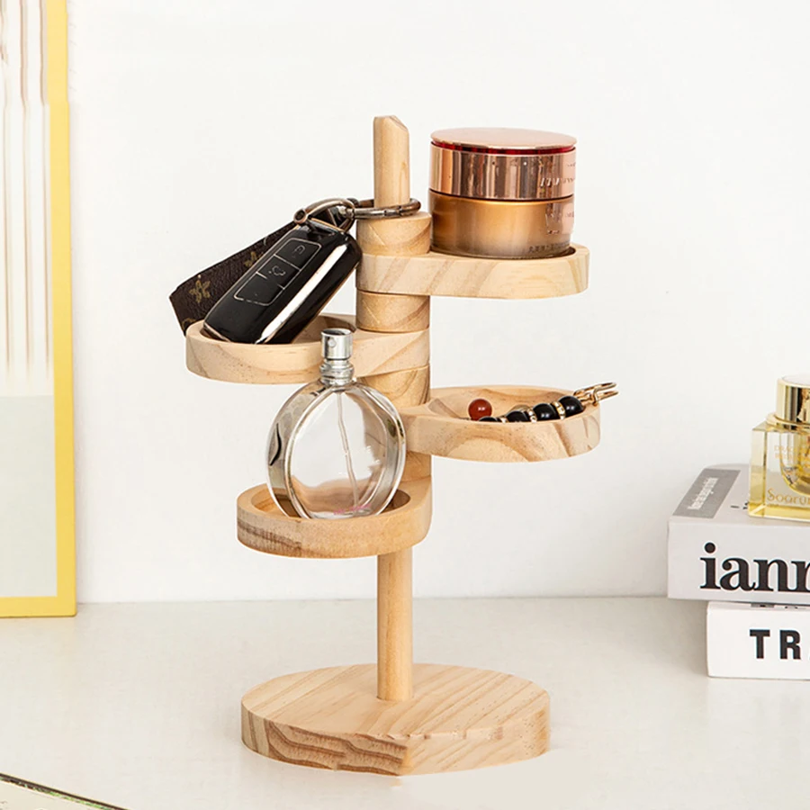 Estante de almacenamiento giratorio multicapa de madera, estante de almacenamiento de llaves para puerta de entrada, caja de almacenamiento de accesorios de escritorio de madera maciza creativa - imagen 4