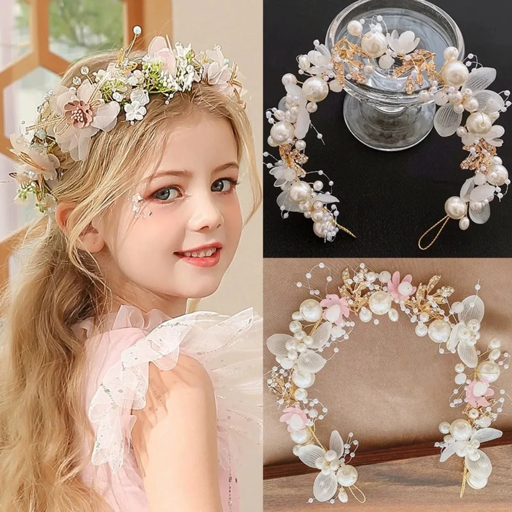 Diadema elegante para niñas, tocado de perlas lmitadas, corona de flores para niñas, guirnalda para la cabeza, diademas de boda para el cabello