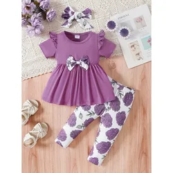 Conjunto verano para niña con top manga corta, pantalón floral y diadema